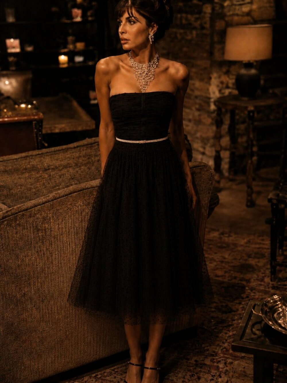Self-Portrait Black Strapless Tulle Midi Dress